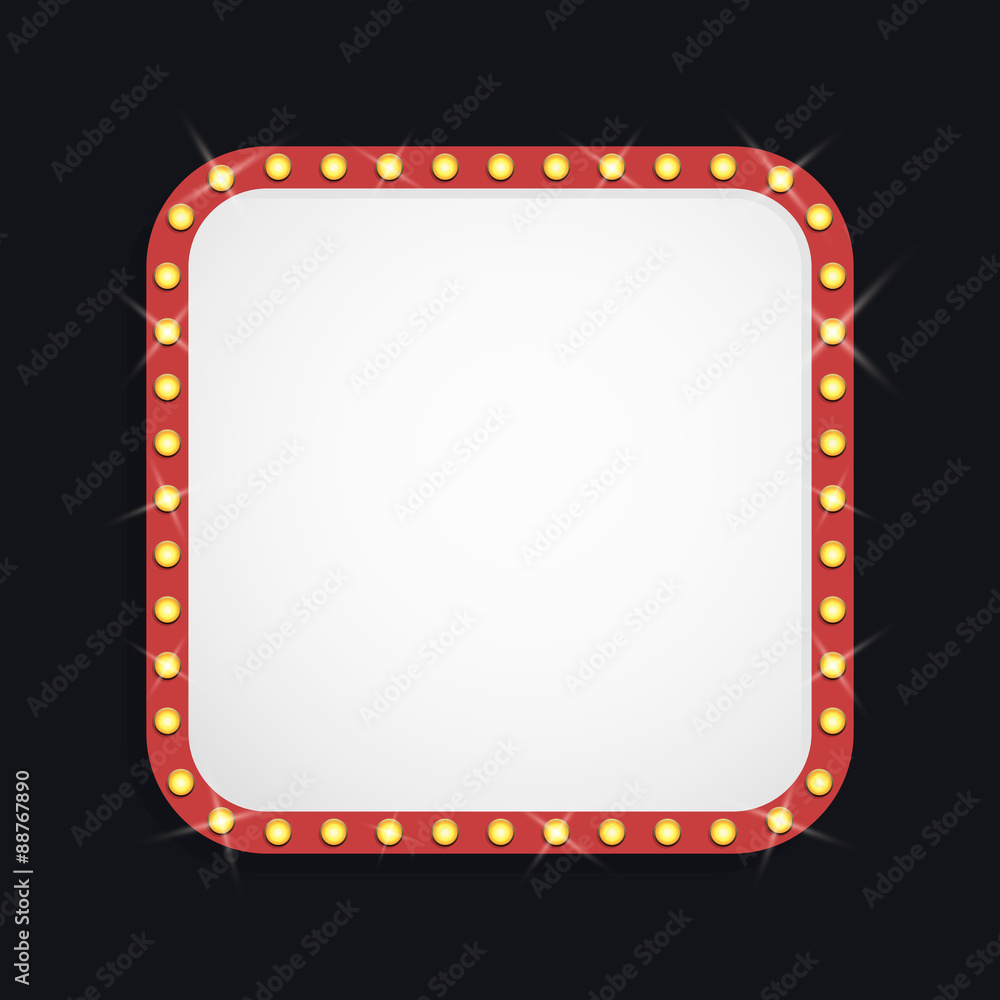 Abstract retro light banner/signboard with light bulbs on the contour. Isolated on black background. Vector illustration.