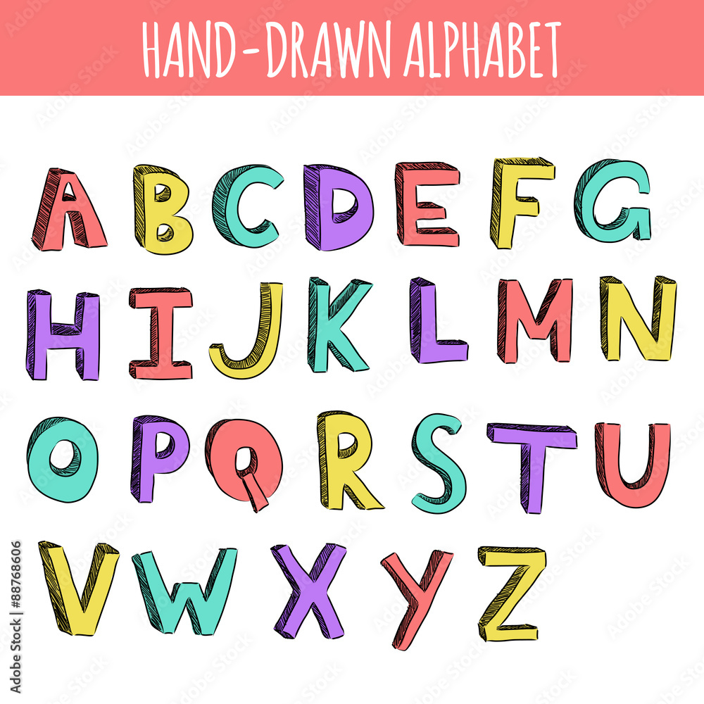Hand drawn colorful english alphabet. 