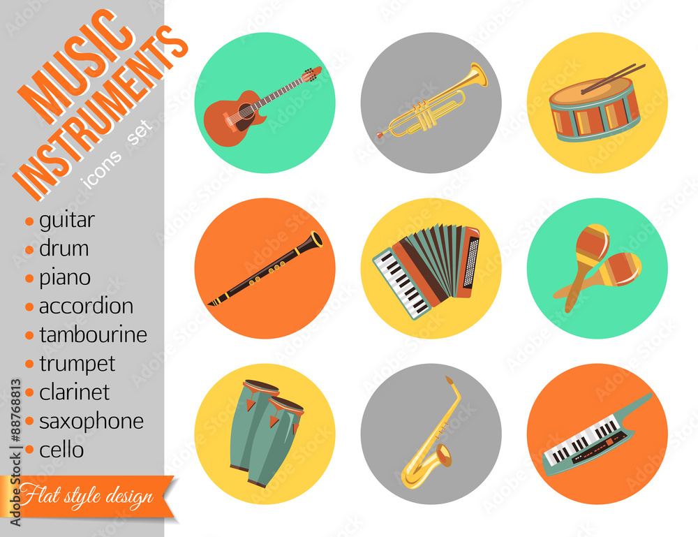 Set of music instruments. Flat style design. Set of music instruments. Flat style design.