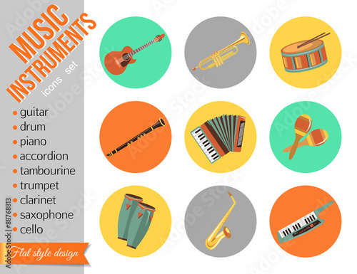 Set of music instruments. Flat style design. 