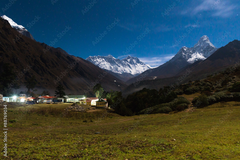 Mountain peaks  Everest Ama Dablam Nuptse Lhotse night. Nepal.