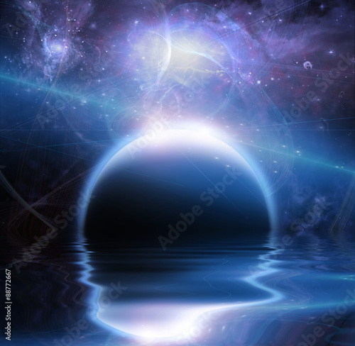 Fototapeta Naklejka Na Ścianę i Meble -  Exosolar Planet Rise over quiet waters