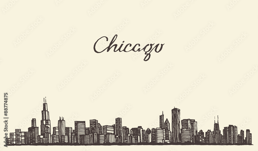 Chicago skyline city engraving vector illustration