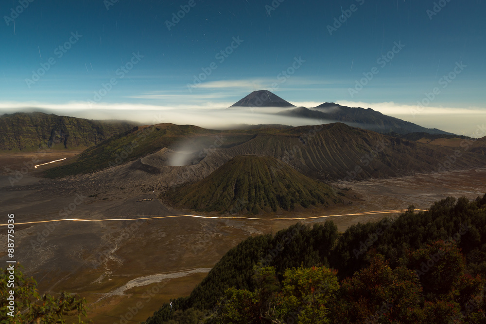 Active volcano at Mount Bromo in the early morning