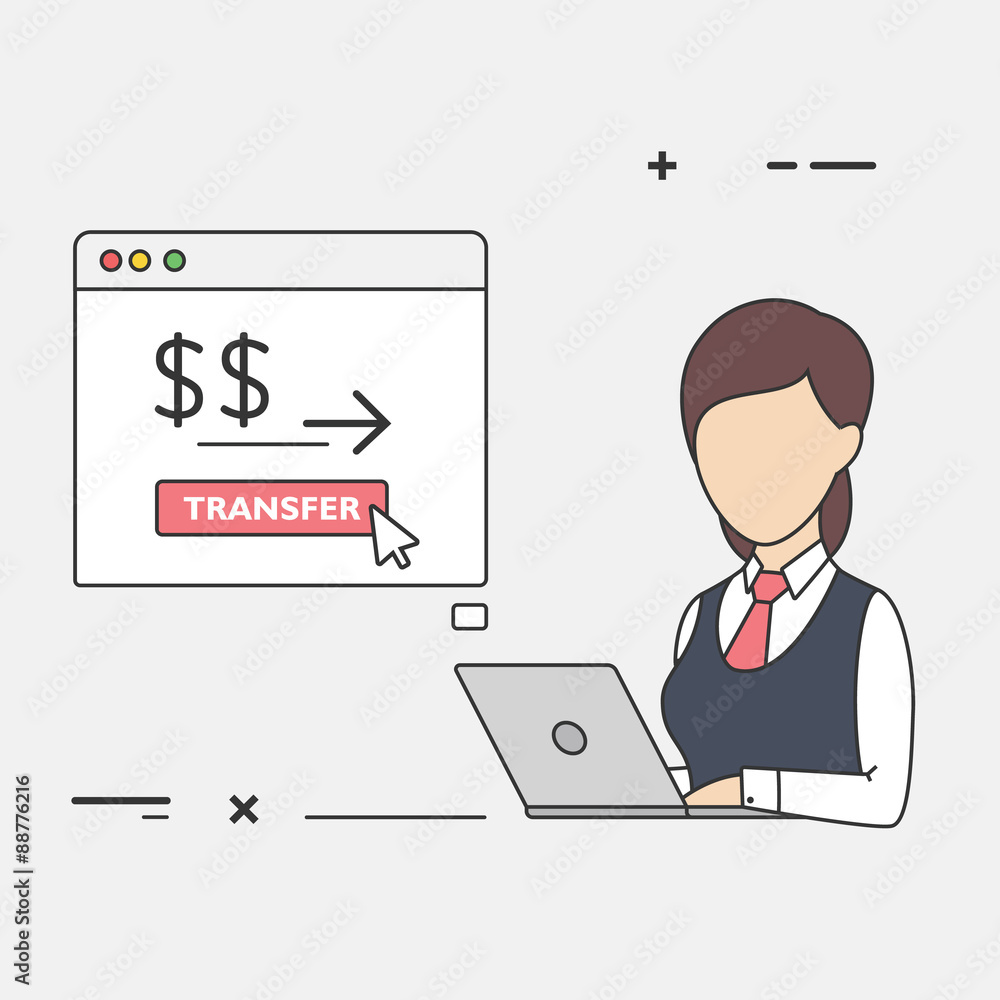 Vector Flat Illustration of Female Finance Clerk with Laptop. Vector Flat Illustration of Female Finance Clerk with Laptop.