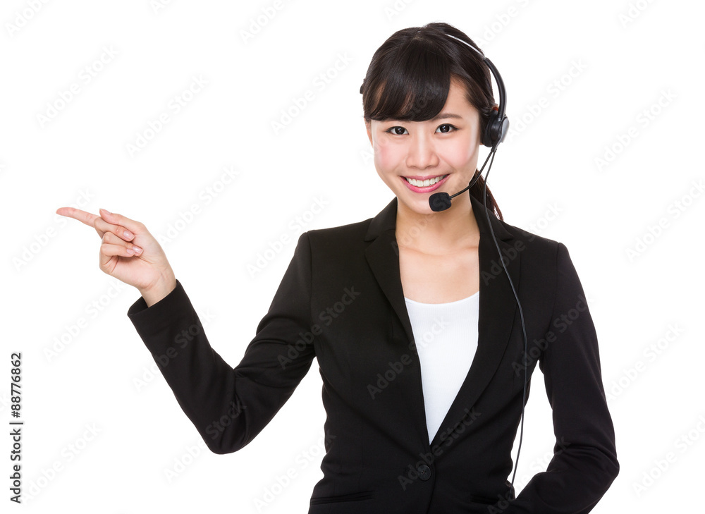 Call center operator with finger point up Call center operator with finger point up