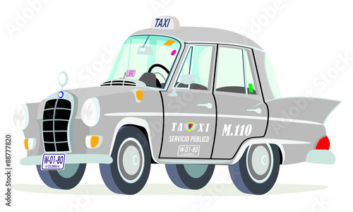 Caricatura Mercedes Benz W110-190D taxi Colombia gris vista frontal y lateral