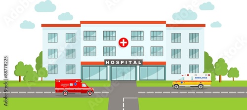 Medical concept. Panoramic background with hospital building and two ambulance cars in flat style.