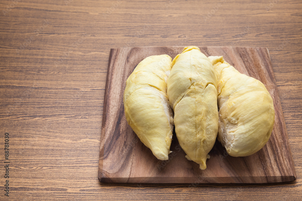 Durian Thai  on wood dish, top view