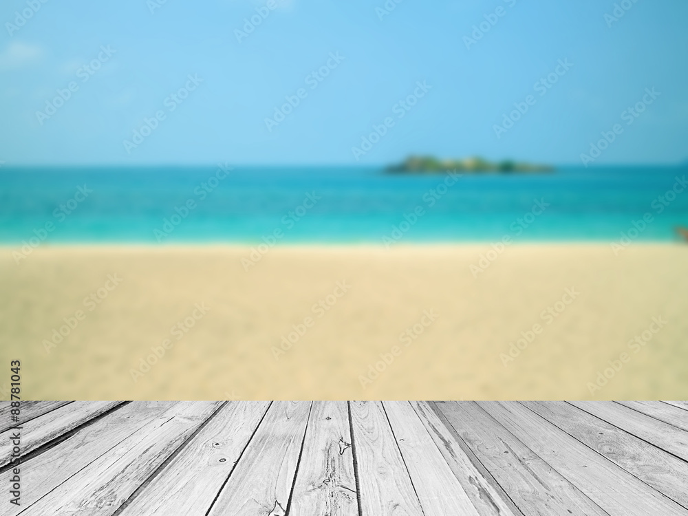 Fototapeta premium Wooden paving and White sand beaches, clear blue sea.