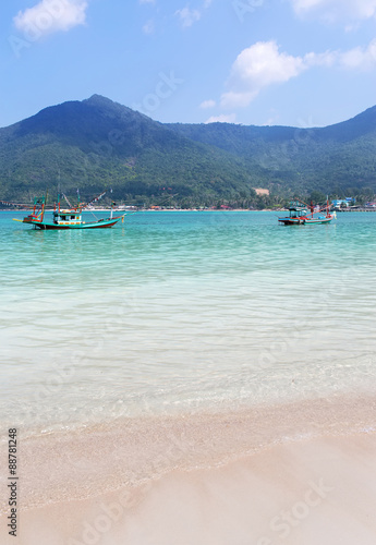 tropical Thailand sea view with sand beach, mountain and clear sky on background © Glebstock