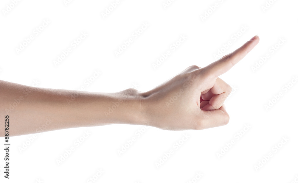 Female hand to create a collage, isolated on white Female hand to create a collage, isolated on white