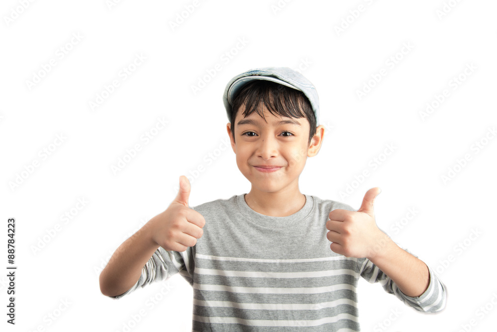 Little boy pose portrait with thump up on white background Little boy pose portrait with thump up on white background