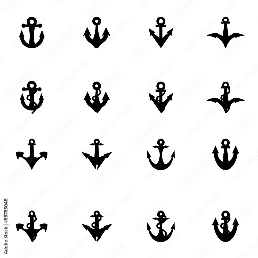 Vector black anchor icon set