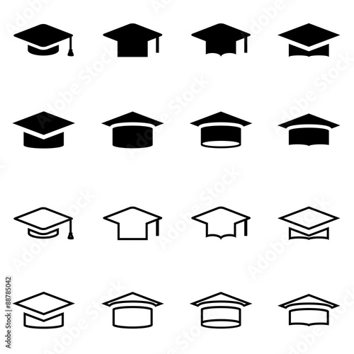 Vector black academic cap icon set