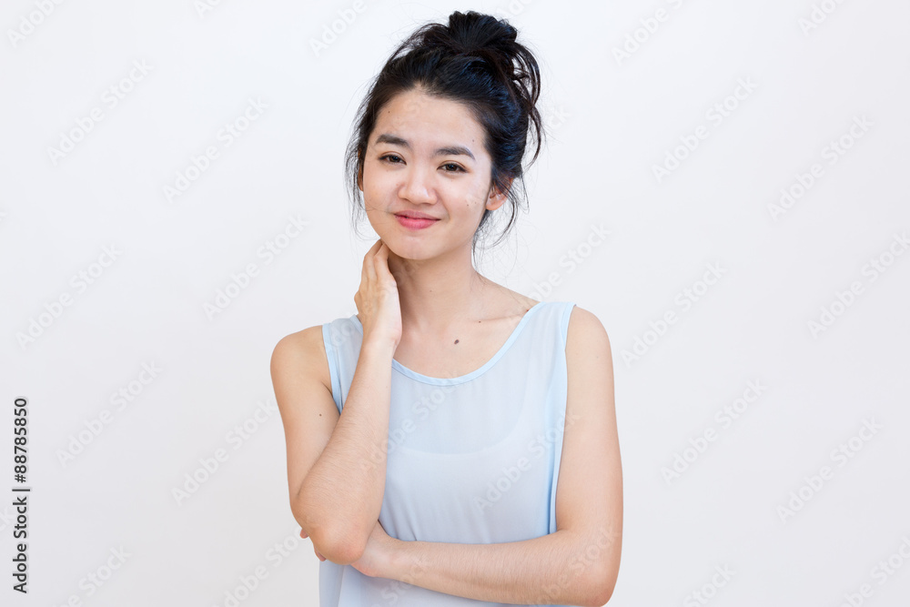 Young asian student suffering from a neck pin Young asian student suffering from a neck pin