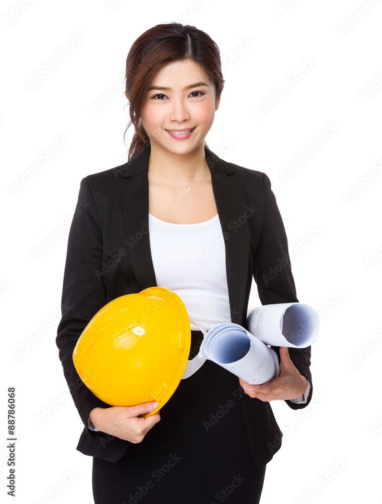 Architectural engineer with yellow protective hat and blue print Architectural engineer with yellow protective hat and blue print