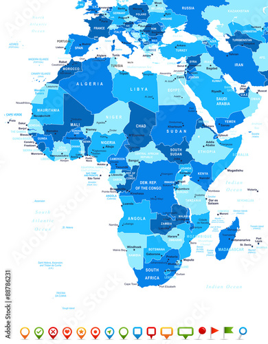 Africa - map and navigation icons- highly detailed vector illustration. Image contains land contours, country and land names, city names, water object names, navigation icons.