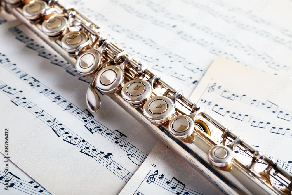 Obraz premium Flute on music notes background