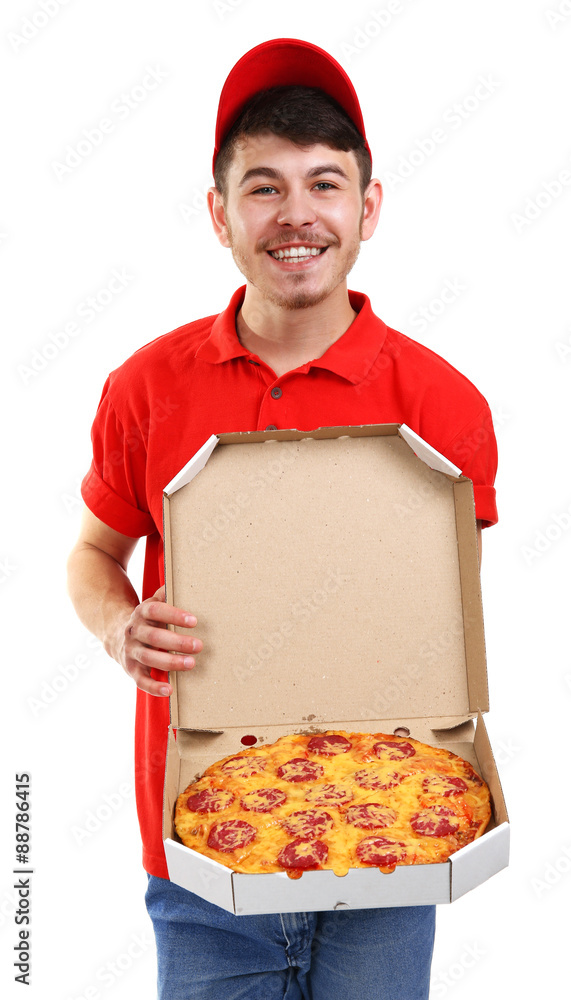 Delivery boy with cardboard pizza box isolated on white Delivery boy with cardboard pizza box isolated on white