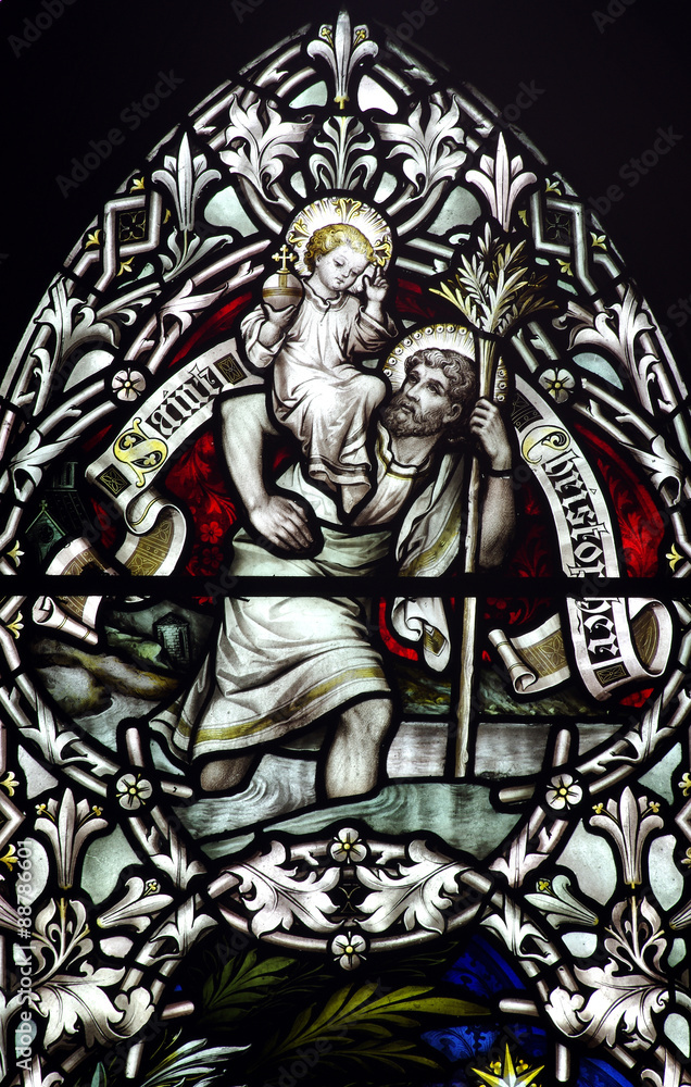 Saint Christopher with baby Jesus on his shoulder (stained glass)