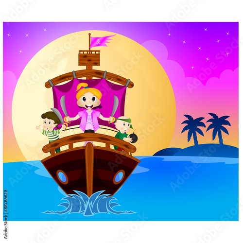 Little Pirates Sailing With Their Ship