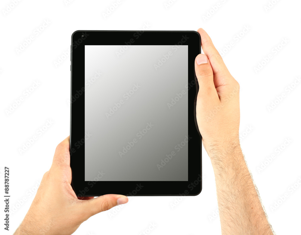 Male hands holding tablet isolated on white Male hands holding tablet isolated on white