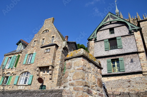 Ancient village on Mont Saint Michel, traditional stone building, France