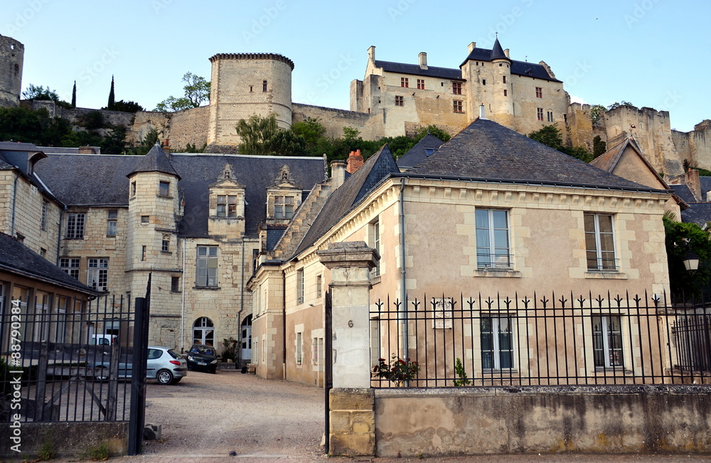 Streets of Chinon city with view on the castle, France