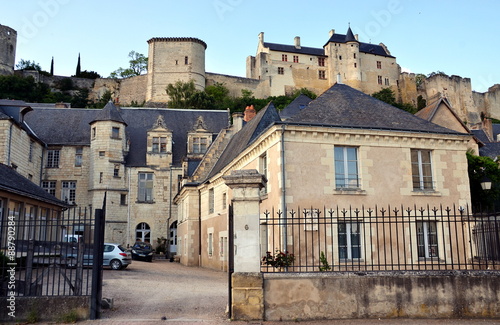 Streets of Chinon city with view on the castle, France
