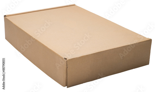 Flat cardboard box isolated on white. No shadow.