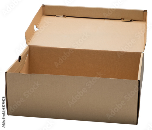 Open cardboard box isolated on white. No shadow.