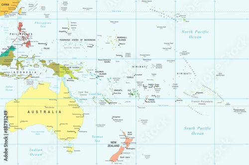 Obraz na plátně Australia and Oceania map - highly detailed vector illustration.