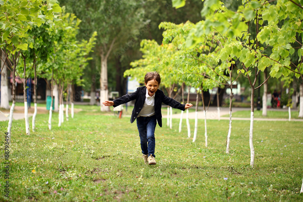 Fototapeta premium Happy little brunette boy runs in a summer park