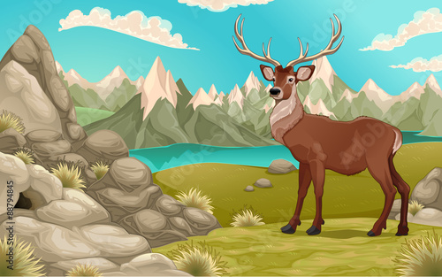 Mountain landscape with deer