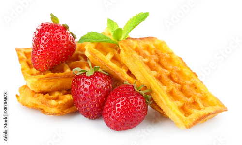 Sweet homemade waffles and fresh berries isolated on white