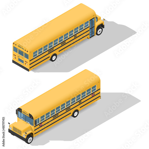 School bus detailed isometric icons set frond and rear view