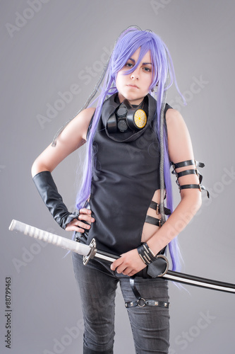 Fotografija Female fantasy warrior / Female warrior with sword and gas mask isolated on the