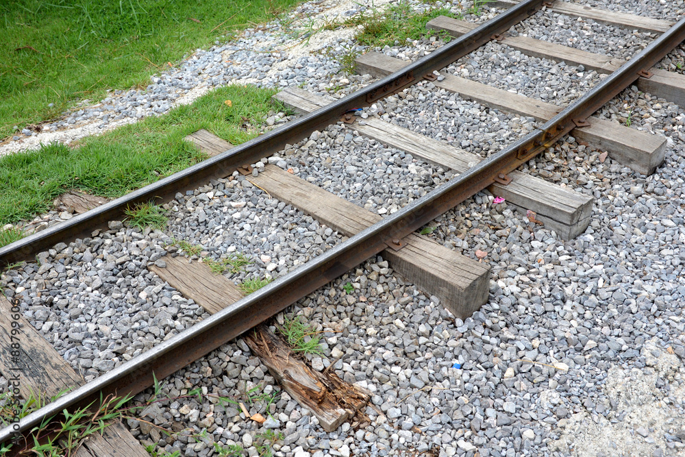 Fototapeta premium outdoor, way, stone, steel, green, white, travel, iron, line, infrastructure, rail, wood, long, railway, transportation, track, wooden, background, path, nature, journey, railroad, landscape