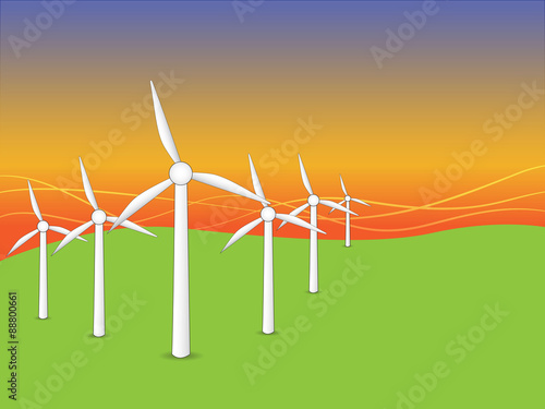 Wind turbines landscape sunset background