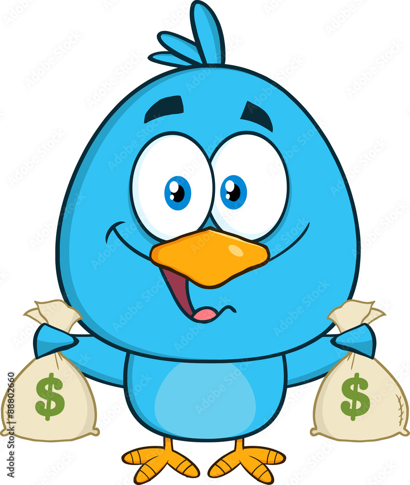 Happy Blue Bird Character Holding A Bags Of Money