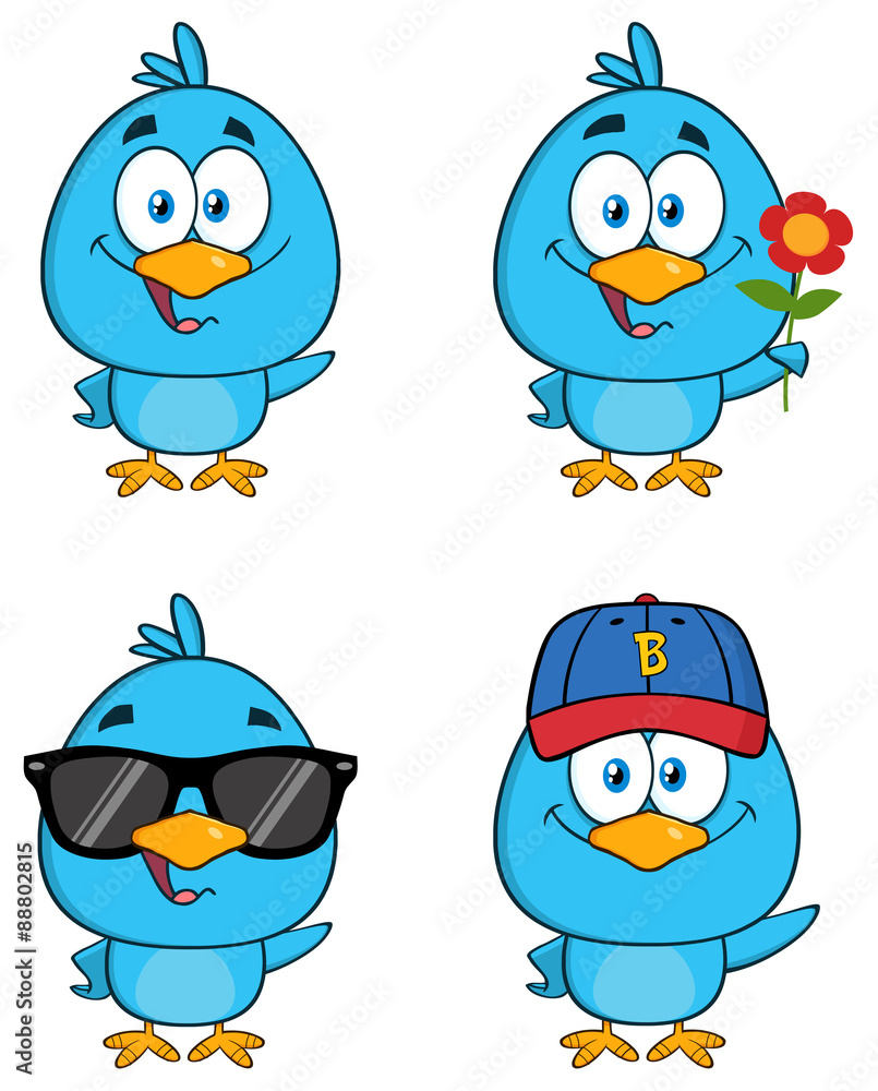 Obraz premium Cute Blue Bird Cartoon Character 2. Collection Set