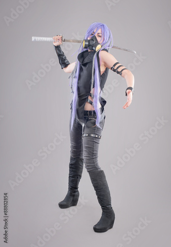 Fényképezés Female fantasy warrior / Female warrior with sword and gas mask isolated on the