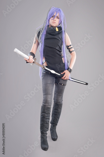 Schilderij op canvas Female fantasy warrior / Female warrior with sword and gas mask isolated on the