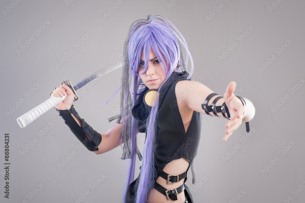 Female fantasy warrior / Female warrior with sword and gas mask isolated on the gray background Female fantasy warrior / Female warrior with sword and gas mask isolated on the gray background