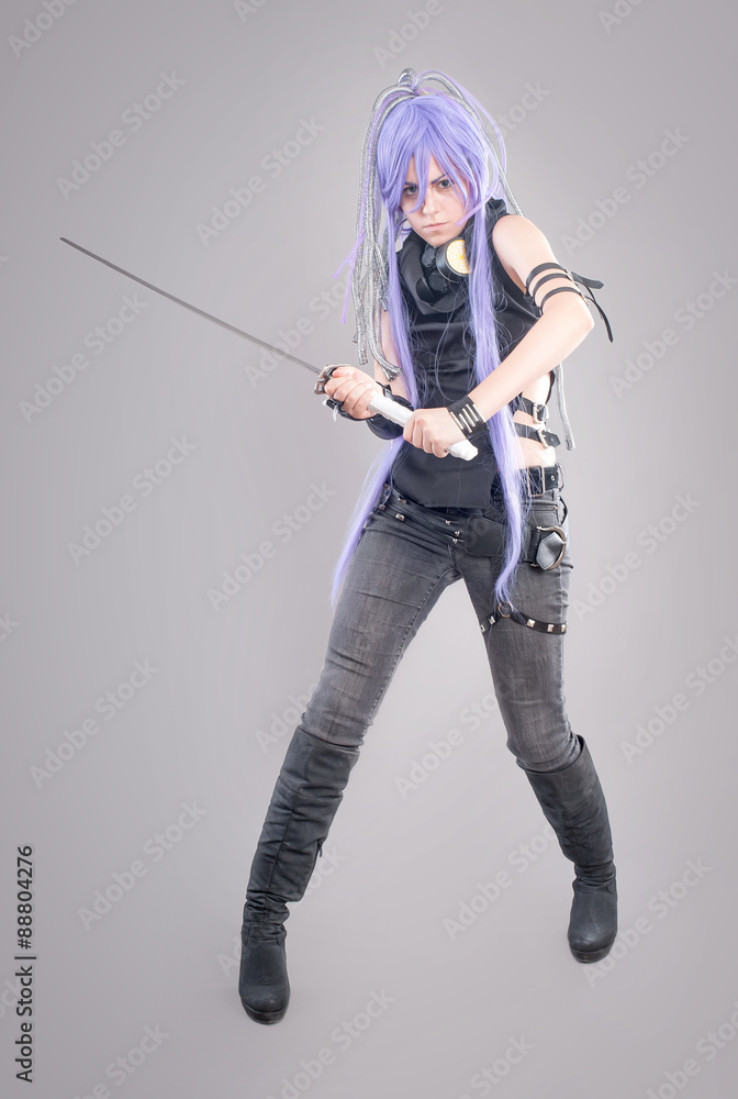 Female fantasy warrior / Female warrior with sword and gas mask isolated on the gray background Female fantasy warrior / Female warrior with sword and gas mask isolated on the gray background
