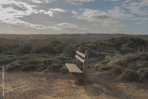 Scenic wooden bench in national park , great ocean road tour, Victoria, Australia.