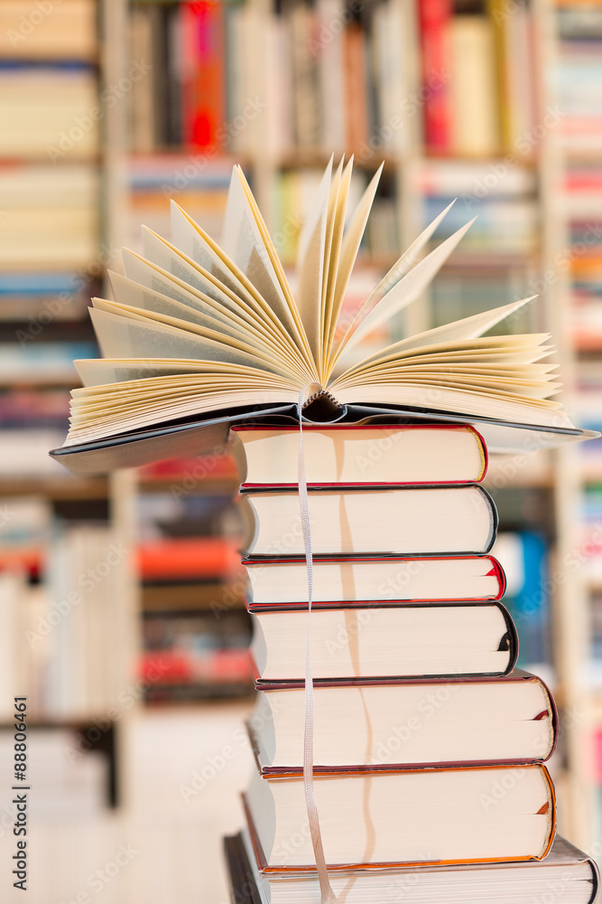 Fototapeta premium Roman auf Bücherstapel_Hochformat