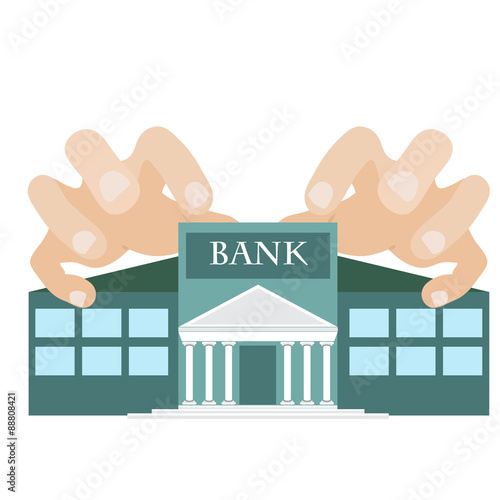 vector illustration off greedy hands reaching bank building.