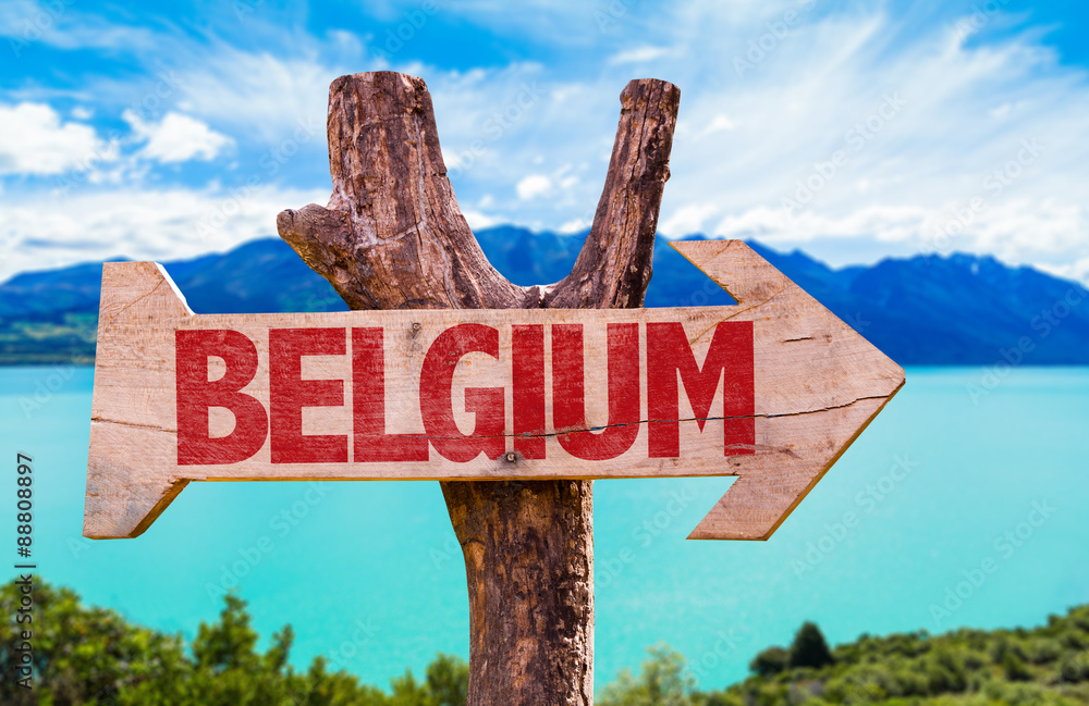 Belgium wooden sign with river on background